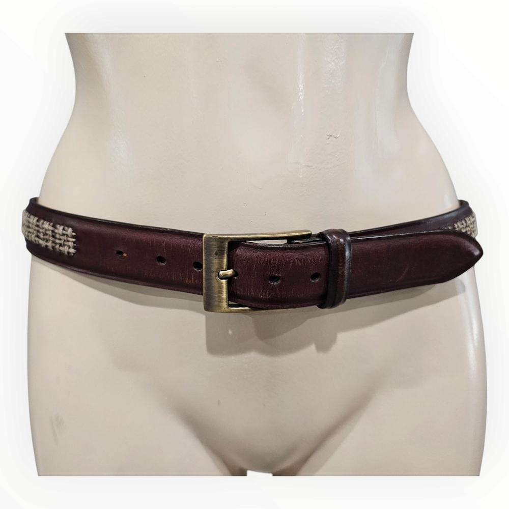 TRAFALGAR Men 42 Hand Veg Brown Leather Jute Woven Detail 1-1/4" Wide Belt